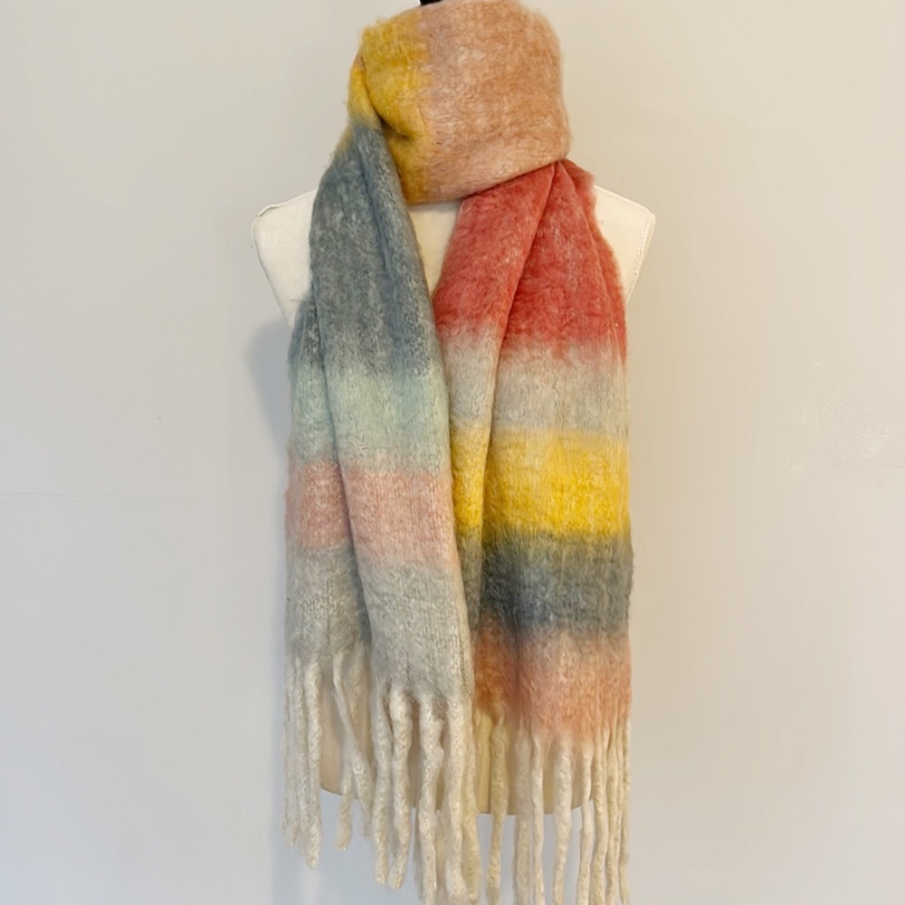 NEW Jessica Simpson Striped Rainbow Thick Wrap Neck Scarf Fringe Large Chunky